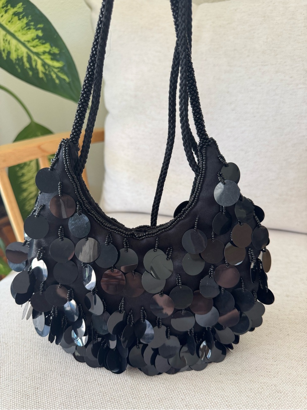 Vintage Y2K Black Sequin Dangling Paillettes Beaded Mini Shoulder Bag Crossbody